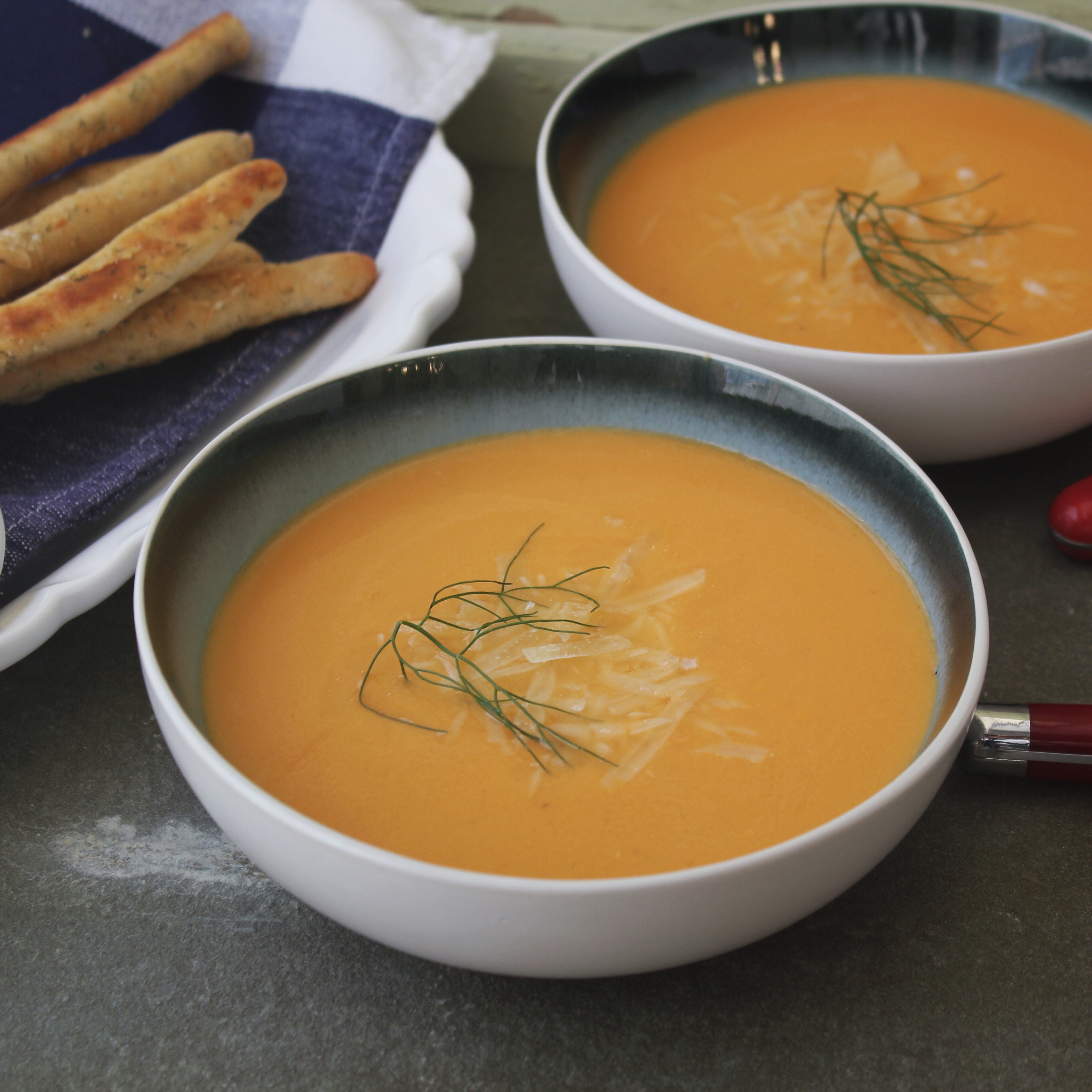 Fennel Tomato Soup With Parmesan Fennel Breadsticks
